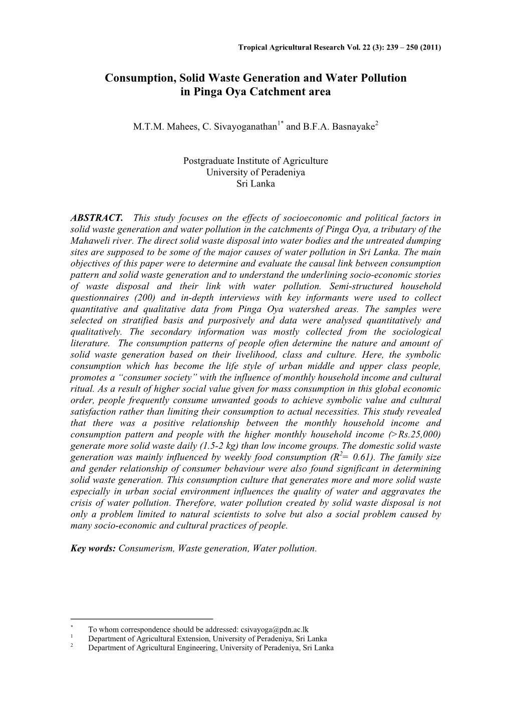 Consumption, Solid Waste Generation and Water Pollution in Pinga Oya Catchment Area