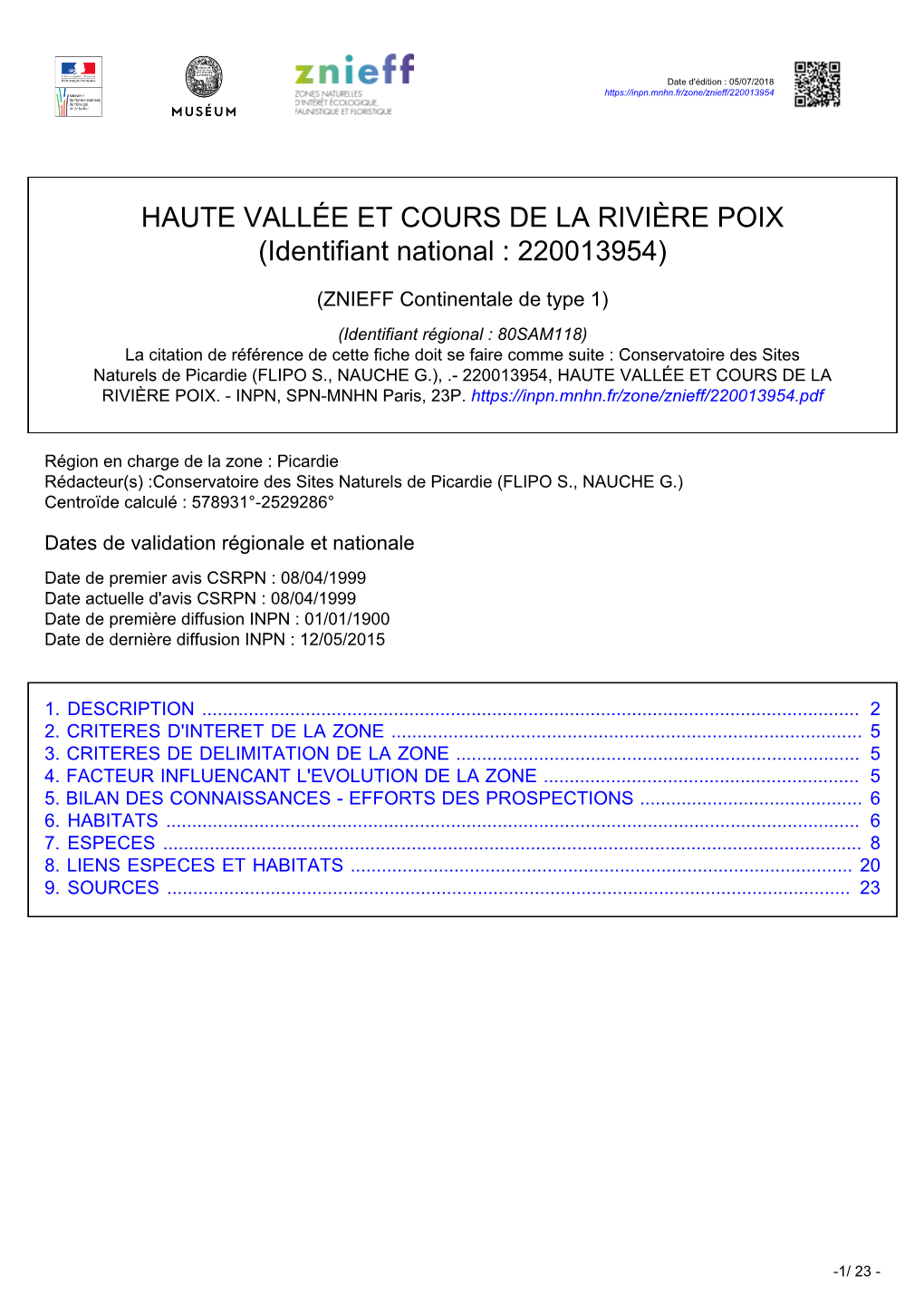 HAUTE VALLÉE ET COURS DE LA RIVIÈRE POIX (Identifiant National : 220013954)