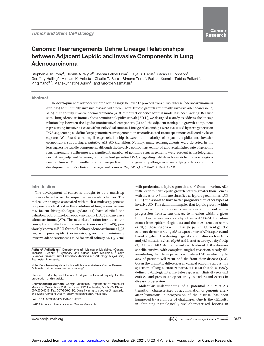 Genomic Rearrangements Define Lineage Relationships Between Adjacent Lepidic and Invasive Components in Lung Adenocarcinoma