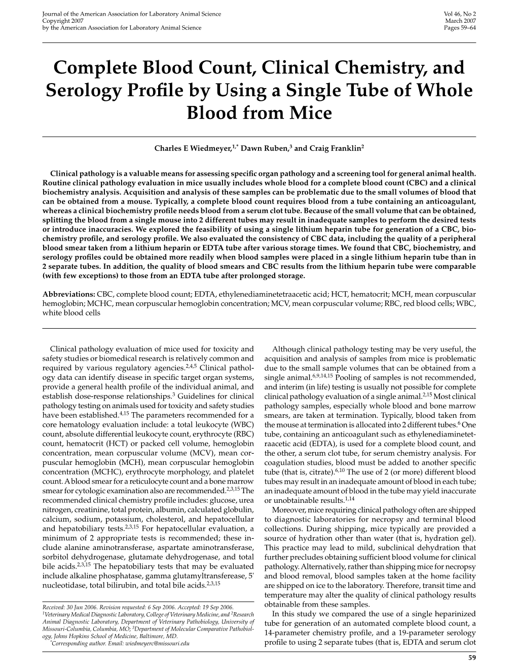 Complete Blood Count, Clinical Chemistry, and Serology Profile by Using a Single Tube of Whole Blood from Mice