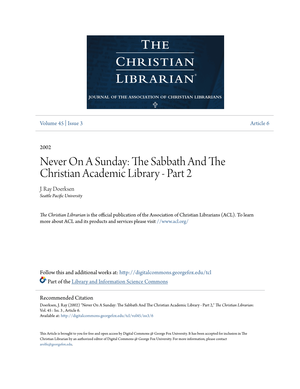 Never on a Sunday: the Sabbath and the Christian Academic Library