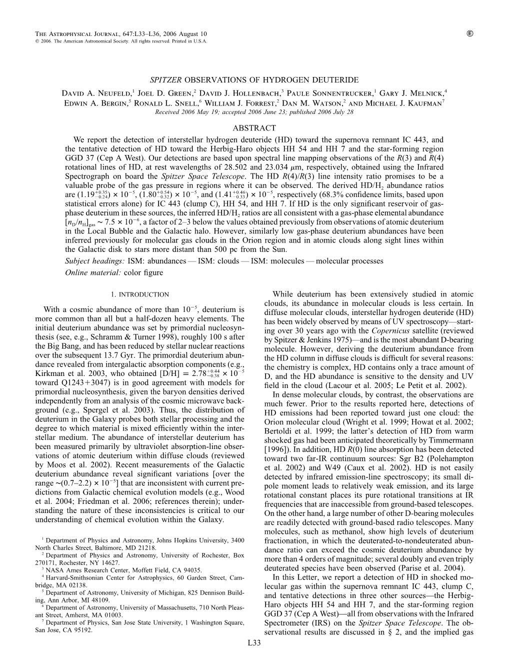 L33 Spitzer Observations of Hydrogen Deuteride David A