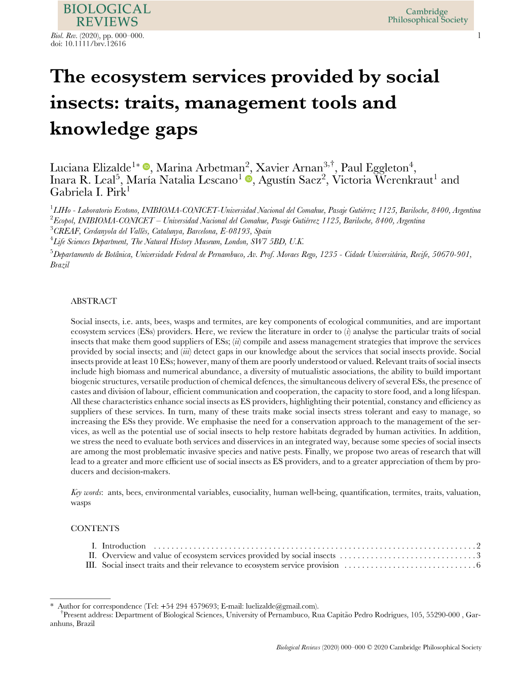 The Ecosystem Services Provided by Social Insects: Traits, Management Tools and Knowledge Gaps