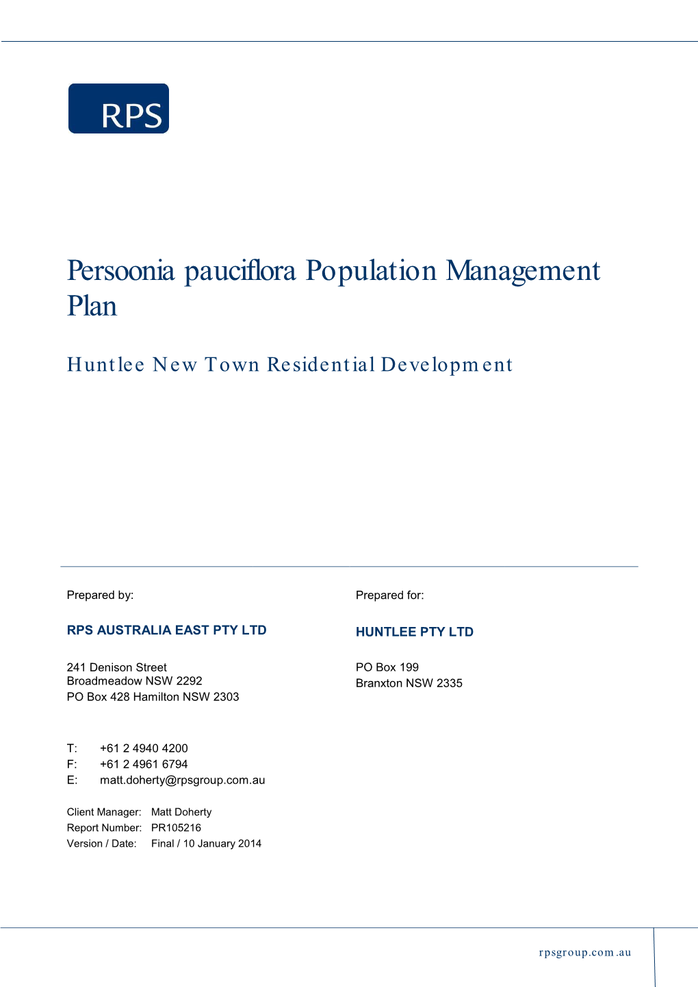 Huntlee Persoonia Pauciflora Population Management Plan 2014