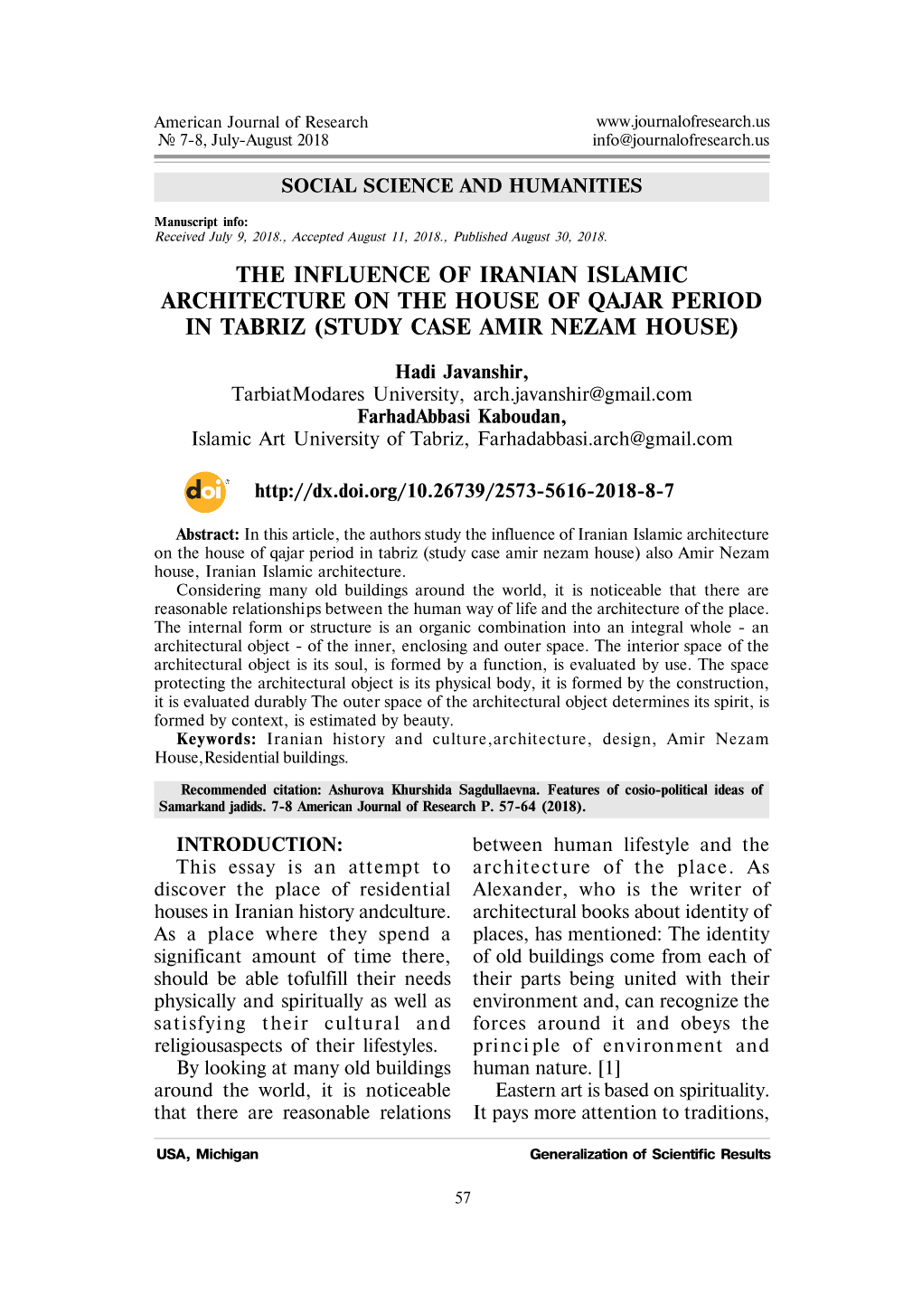 The Influence of Iranian Islamic Architecture on the House of Qajar Period in Tabriz (Study Case Amir Nezam House)