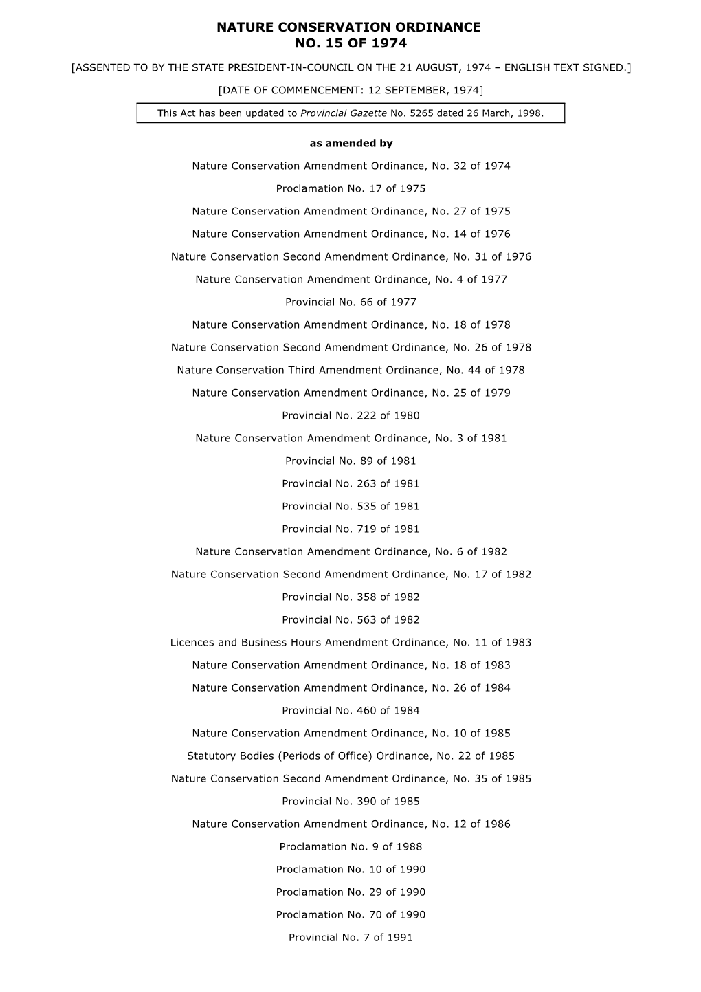 Nature Conservation Ordinance No. 15 of 1974