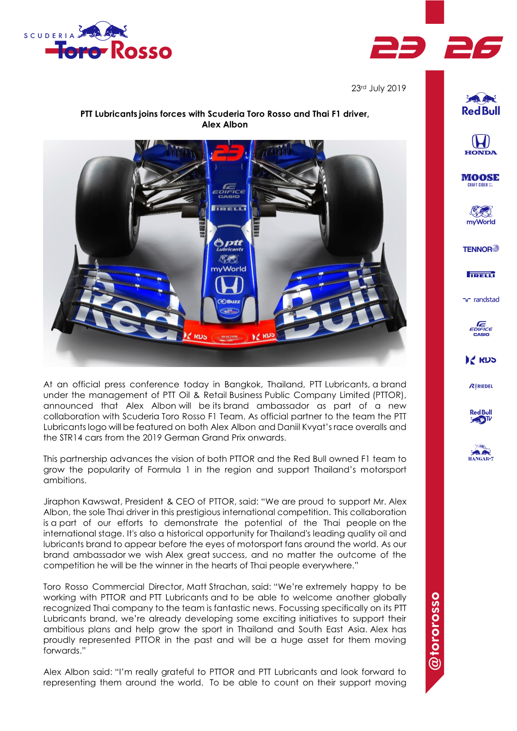 23Rd July 2019 PTT Lubricants Joins Forces with Scuderia Toro Rosso