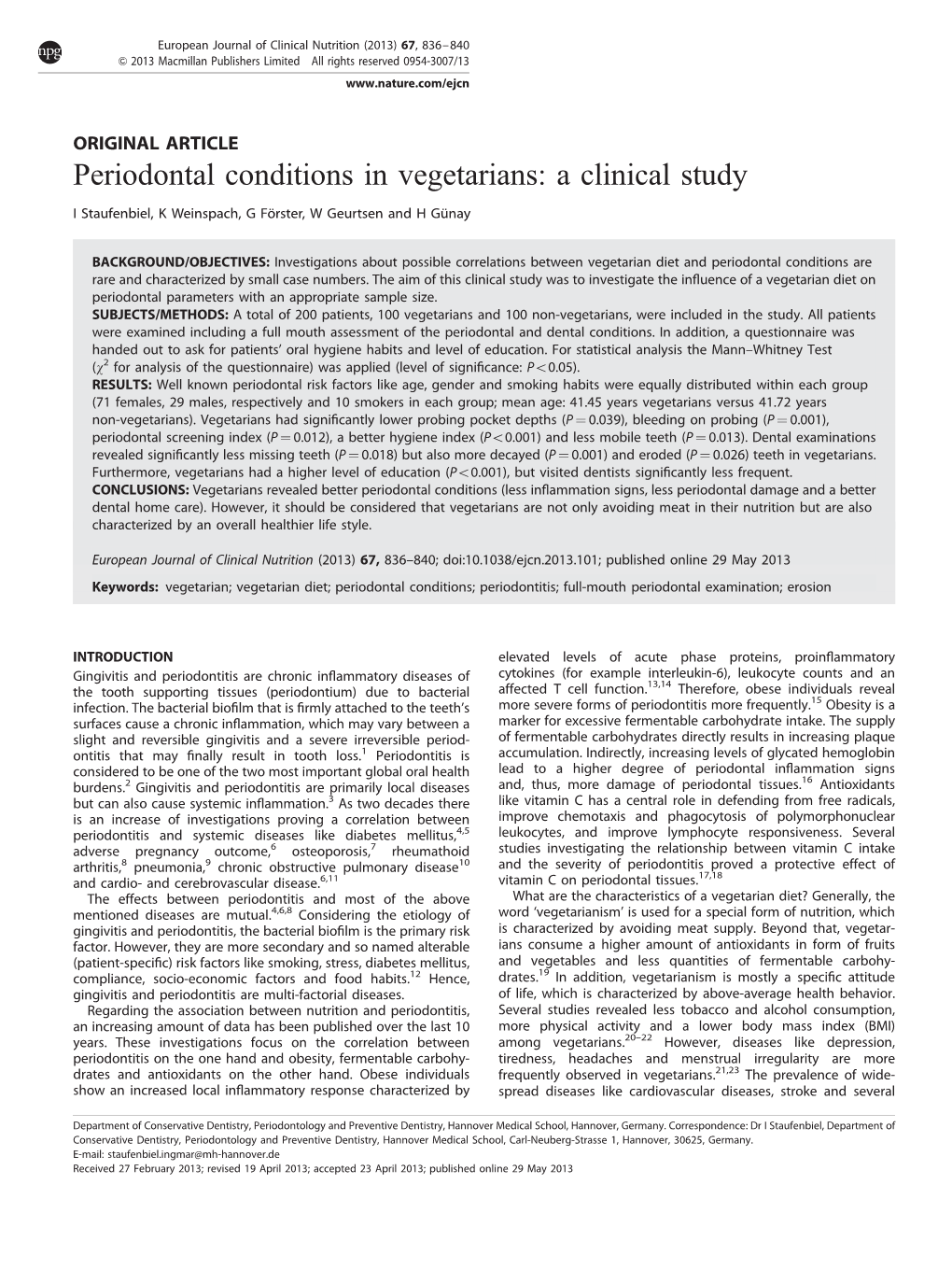 Periodontal Conditions in Vegetarians: a Clinical Study