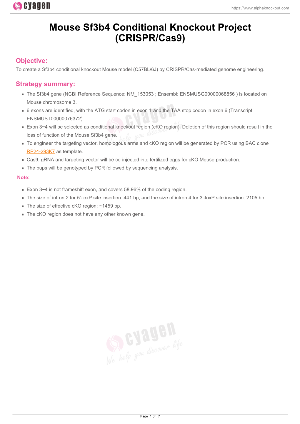 Mouse Sf3b4 Conditional Knockout Project (CRISPR/Cas9)