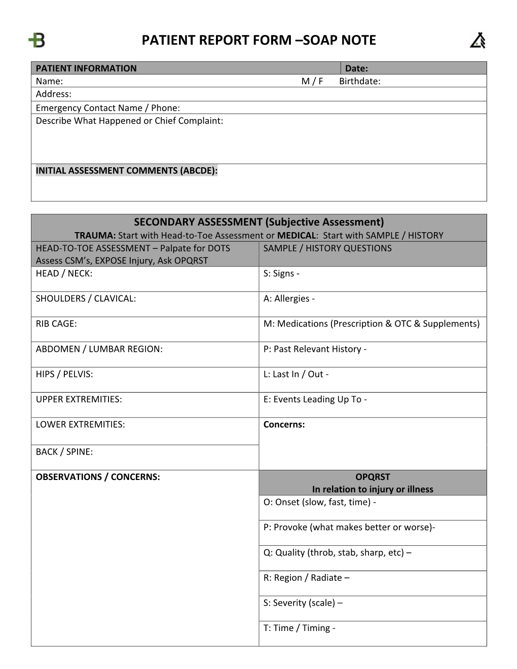 Patient Report Form –Soap Note