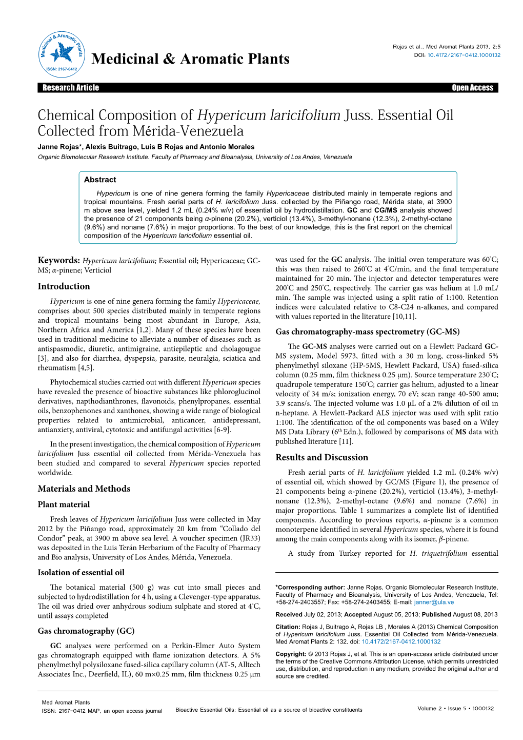 Chemical Composition of Hypericum Laricifolium Juss. Essential Oil