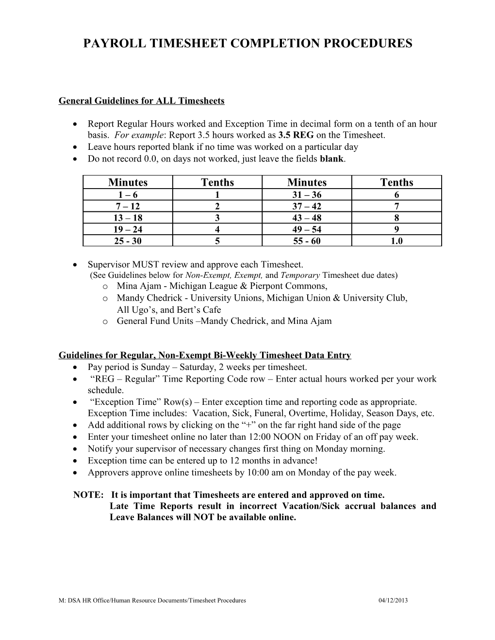 Timesheet Completion Procedures