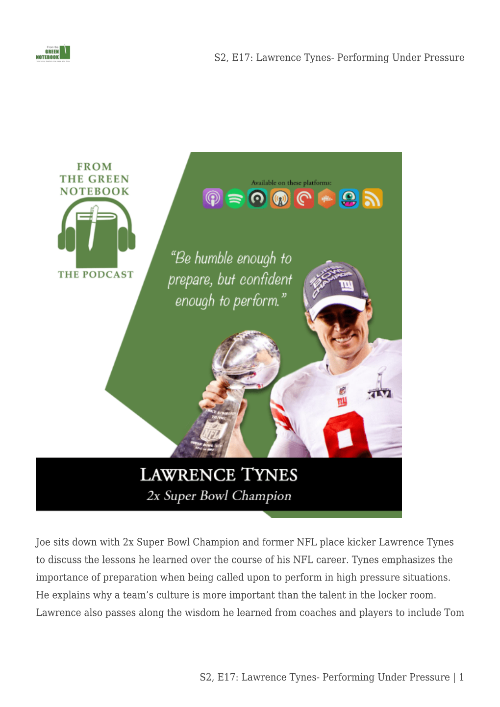 Lawrence Tynes- Performing Under Pressure