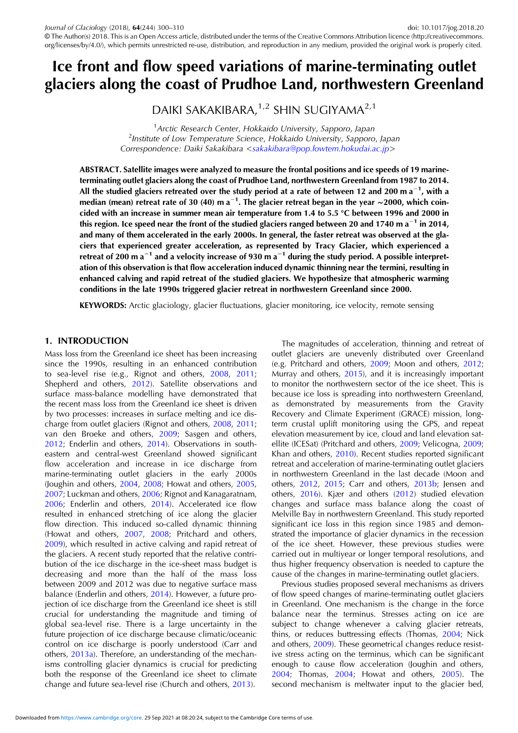 Ice Front and Flow Speed Variations of Marine-Terminating Outlet Glaciers Along the Coast of Prudhoe Land, Northwestern Greenland