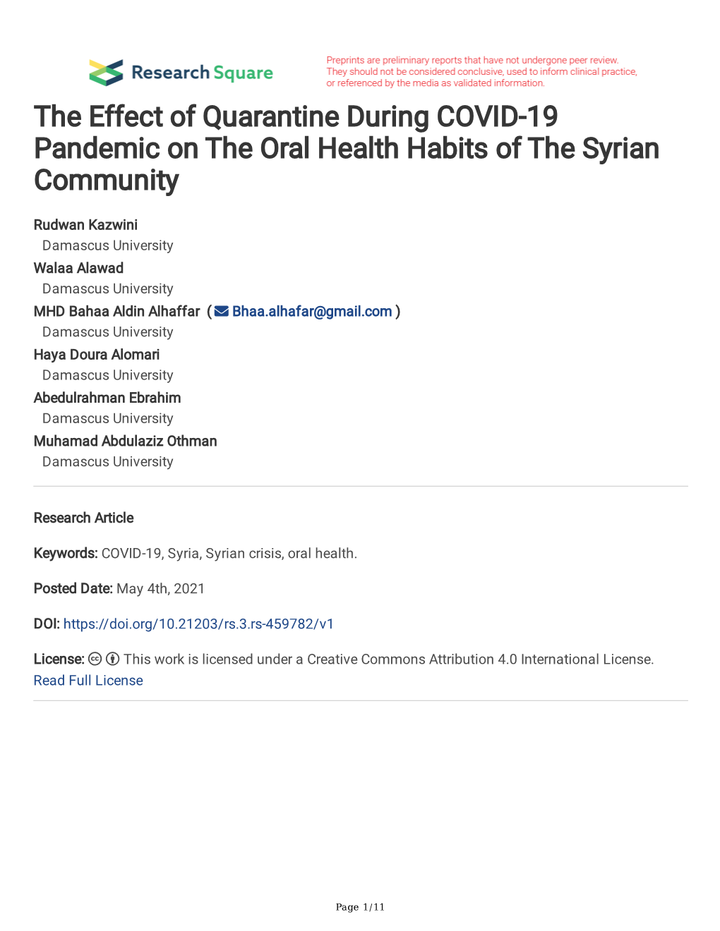 The Effect of Quarantine During COVID-19 Pandemic on the Oral Health Habits of the Syrian Community