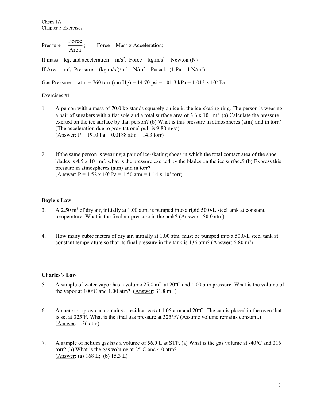 Chem 1A Chapter5 Exercises With Answers