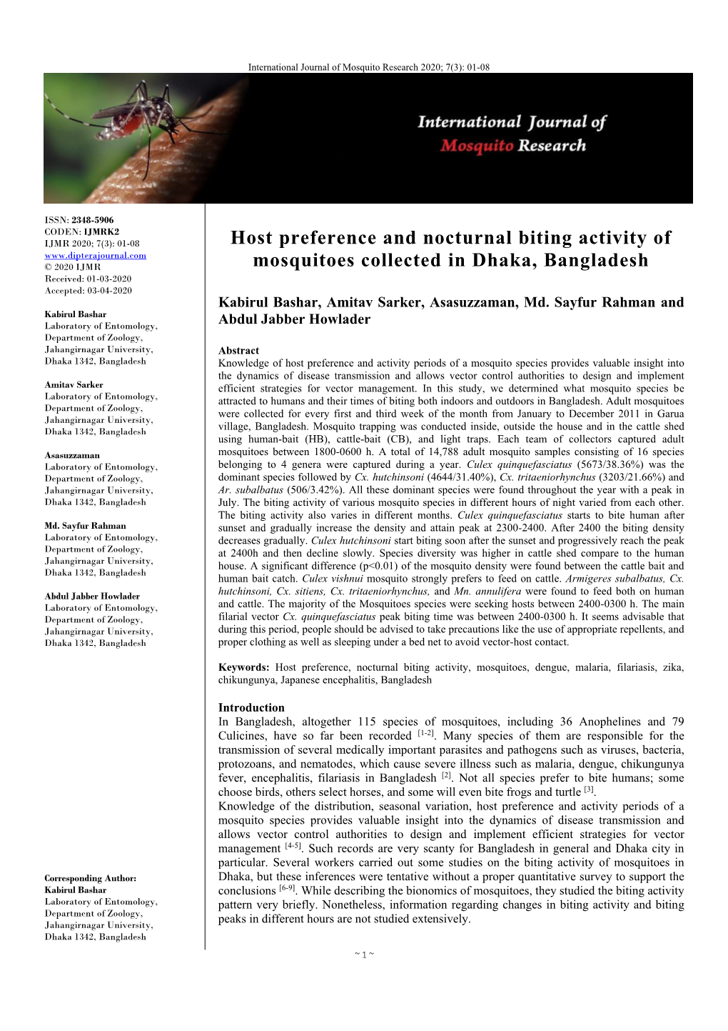 Host Preference and Nocturnal Biting Activity of Mosquitoes Collected In