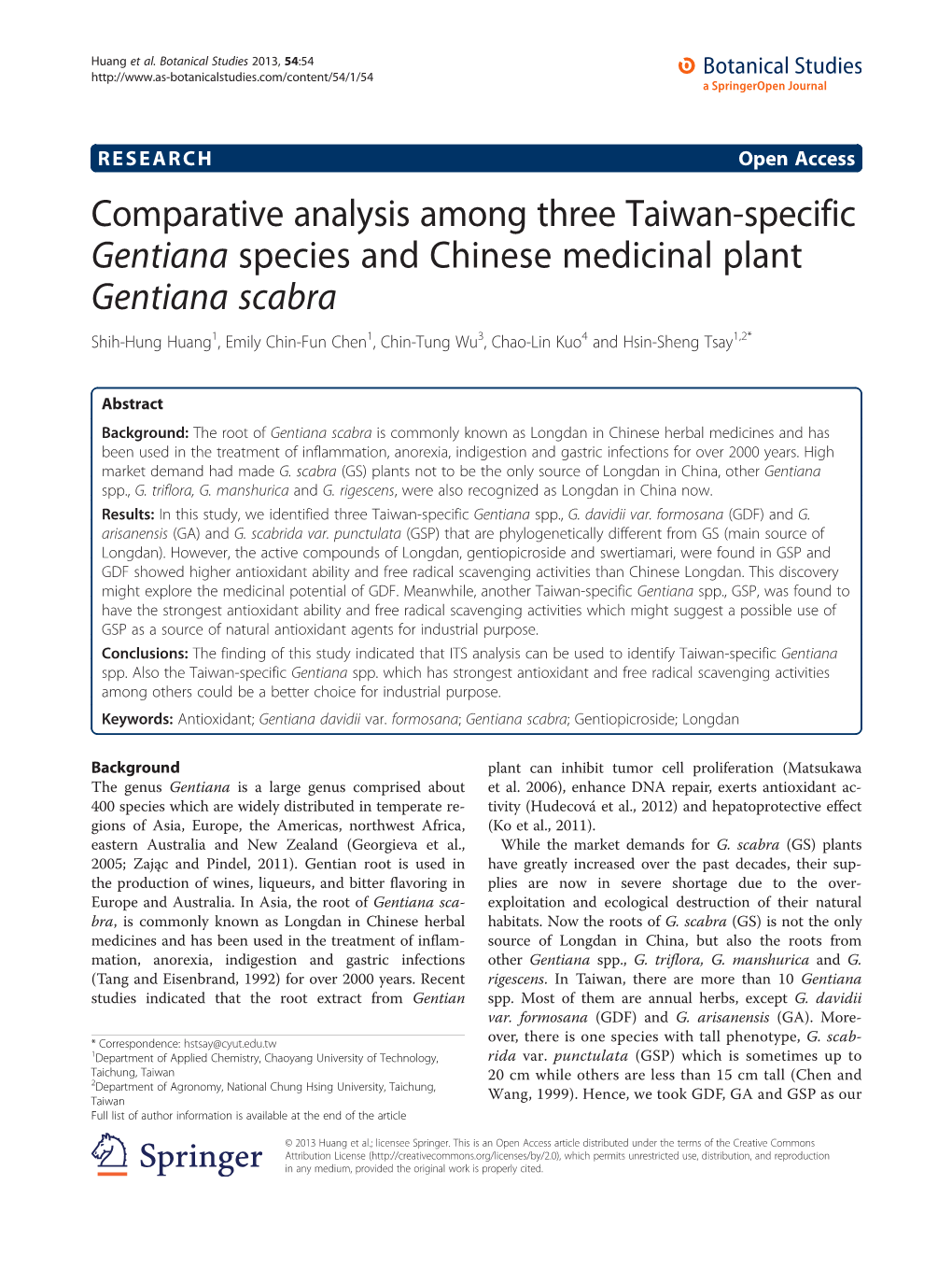 Comparative Analysis Among Three Taiwan-Specific Gentiana Species and Chinese Medicinal Plant Gentiana Scabra