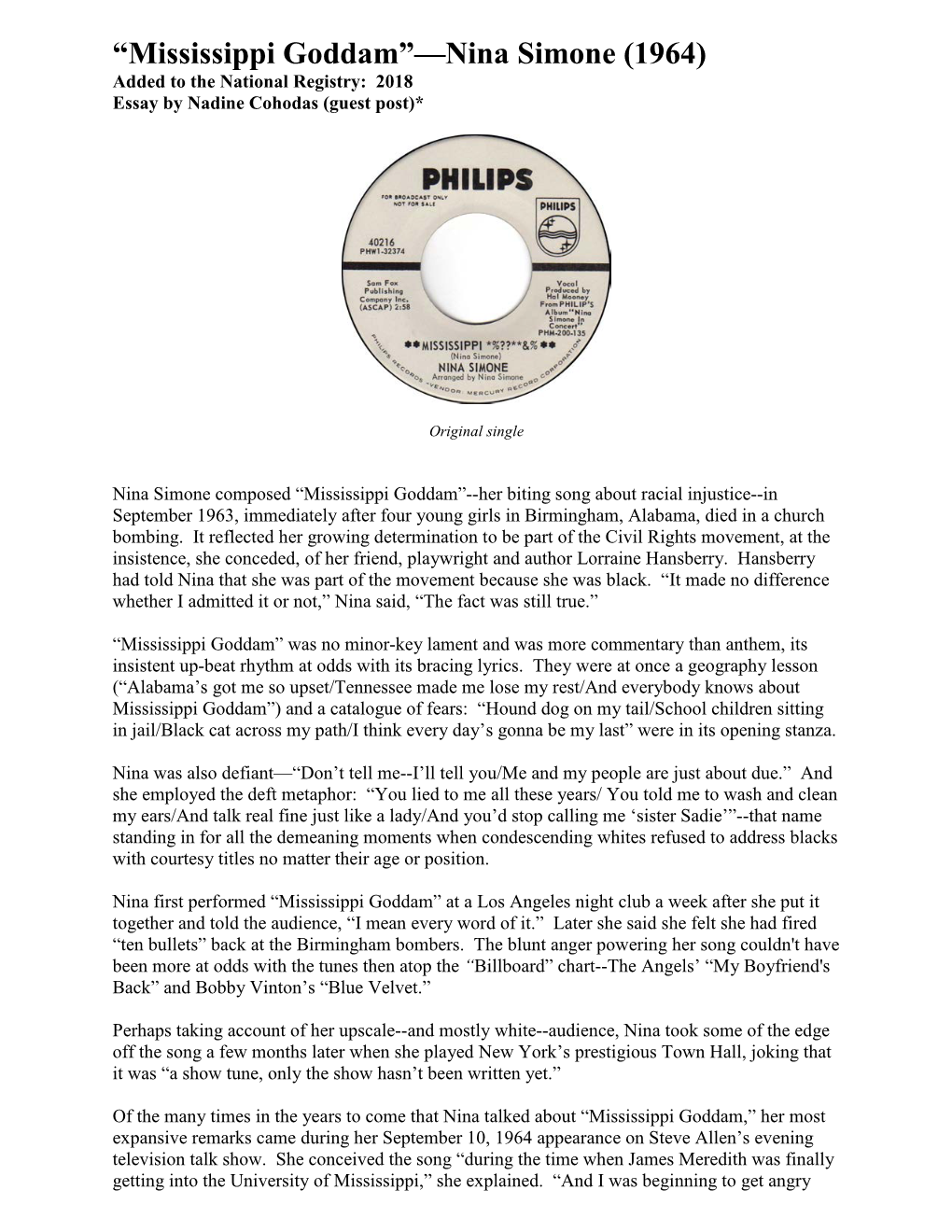 Mississippi Goddam”—Nina Simone (1964) Added to the National Registry: 2018 Essay by Nadine Cohodas (Guest Post)*