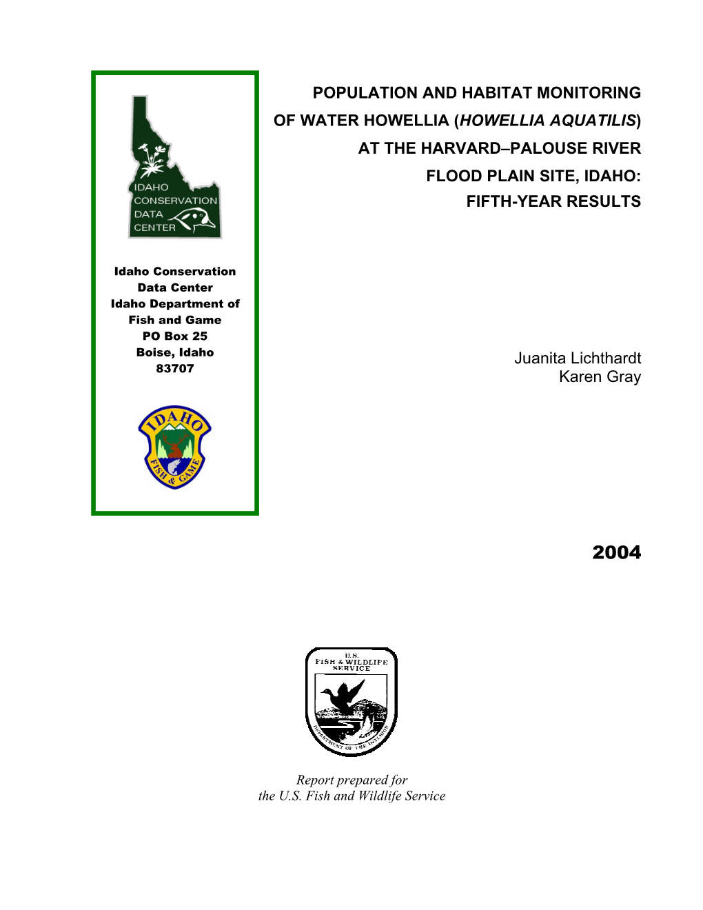 Howellia Aquatilis) at the Harvard–Palouse River Flood Plain Site, Idaho: Fifth-Year Results