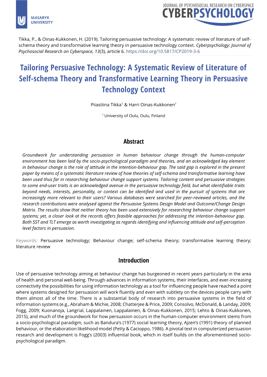 A Systematic Review of Literature of Self-Schema Theory and Transformative Learning Theory in Persuasive Technology Context