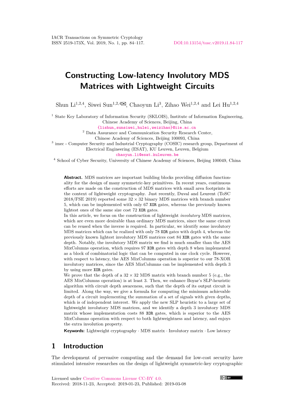 Constructing Low-Latency Involutory MDS Matrices with Lightweight Circuits
