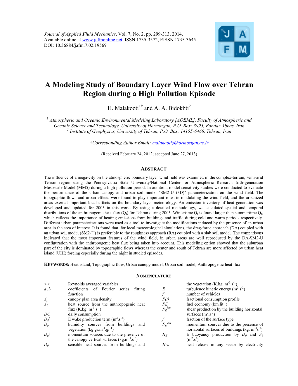 A Modeling Study of Boundary Layer Wind Flow Over Tehran Region During a High Pollution Episode