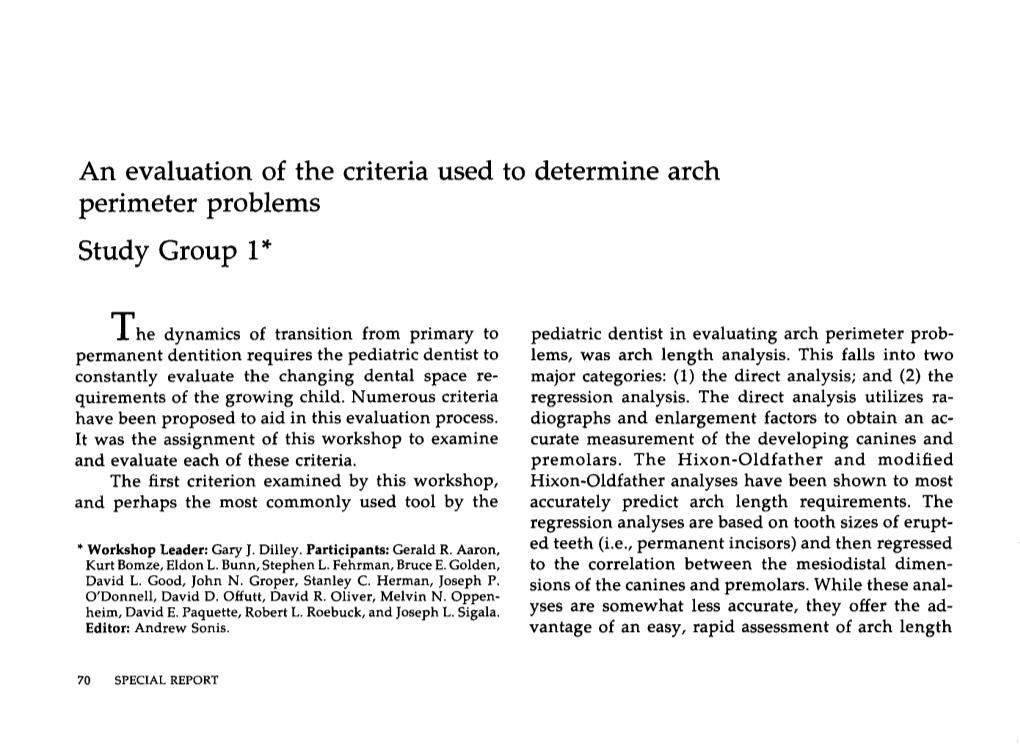 An Evaluation of the Criteria Used to Determine Arch Perimeter Problems Study Group 1