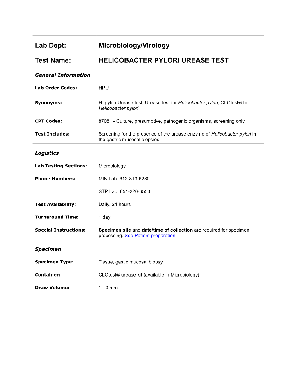 Helicobacter Pylori Urease Test