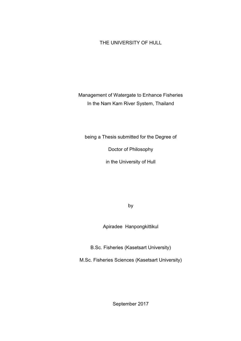THE UNIVERSITY of HULL Management of Watergate To