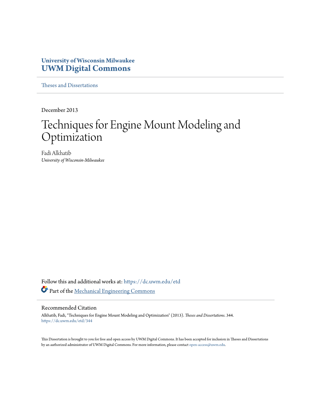 Techniques for Engine Mount Modeling and Optimization Fadi Alkhatib University of Wisconsin-Milwaukee