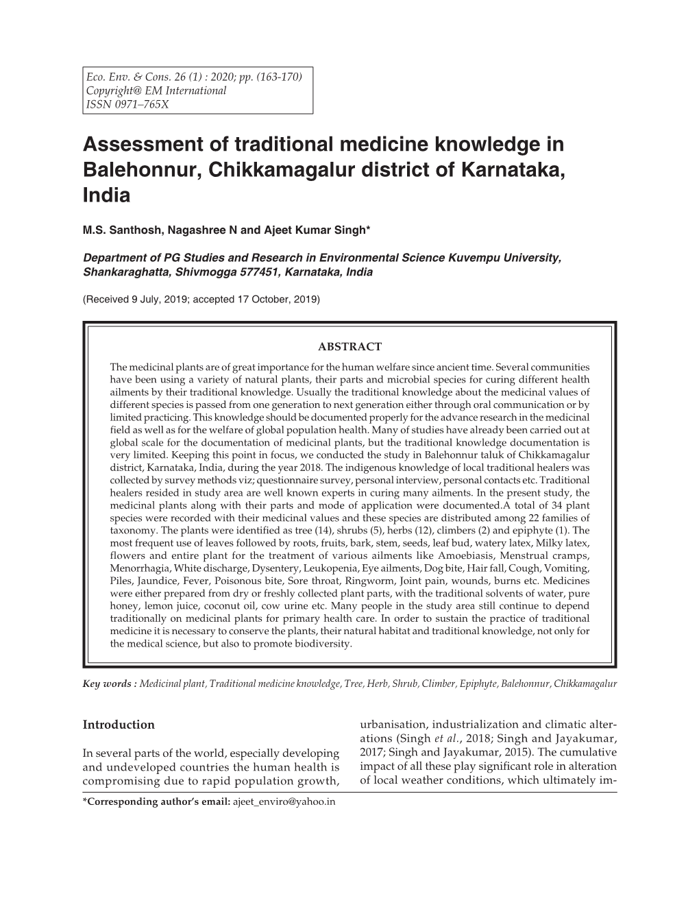 Assessment of Traditional Medicine Knowledge in Balehonnur, Chikkamagalur District of Karnataka, India