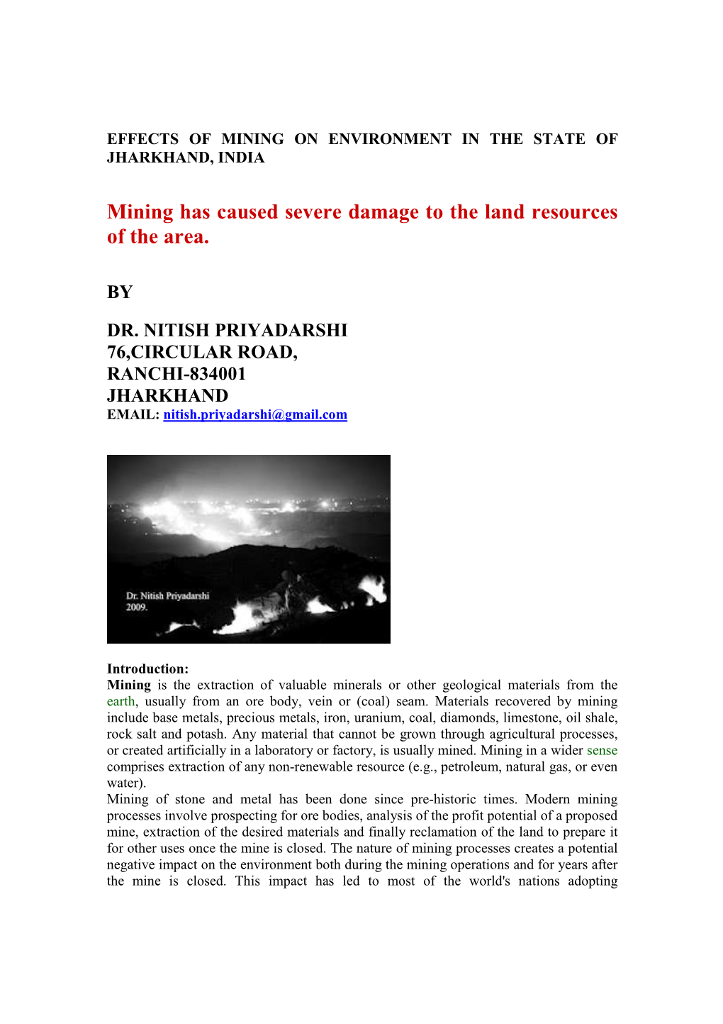 Effects of Mining on Environment in the State of Jharkhand, India