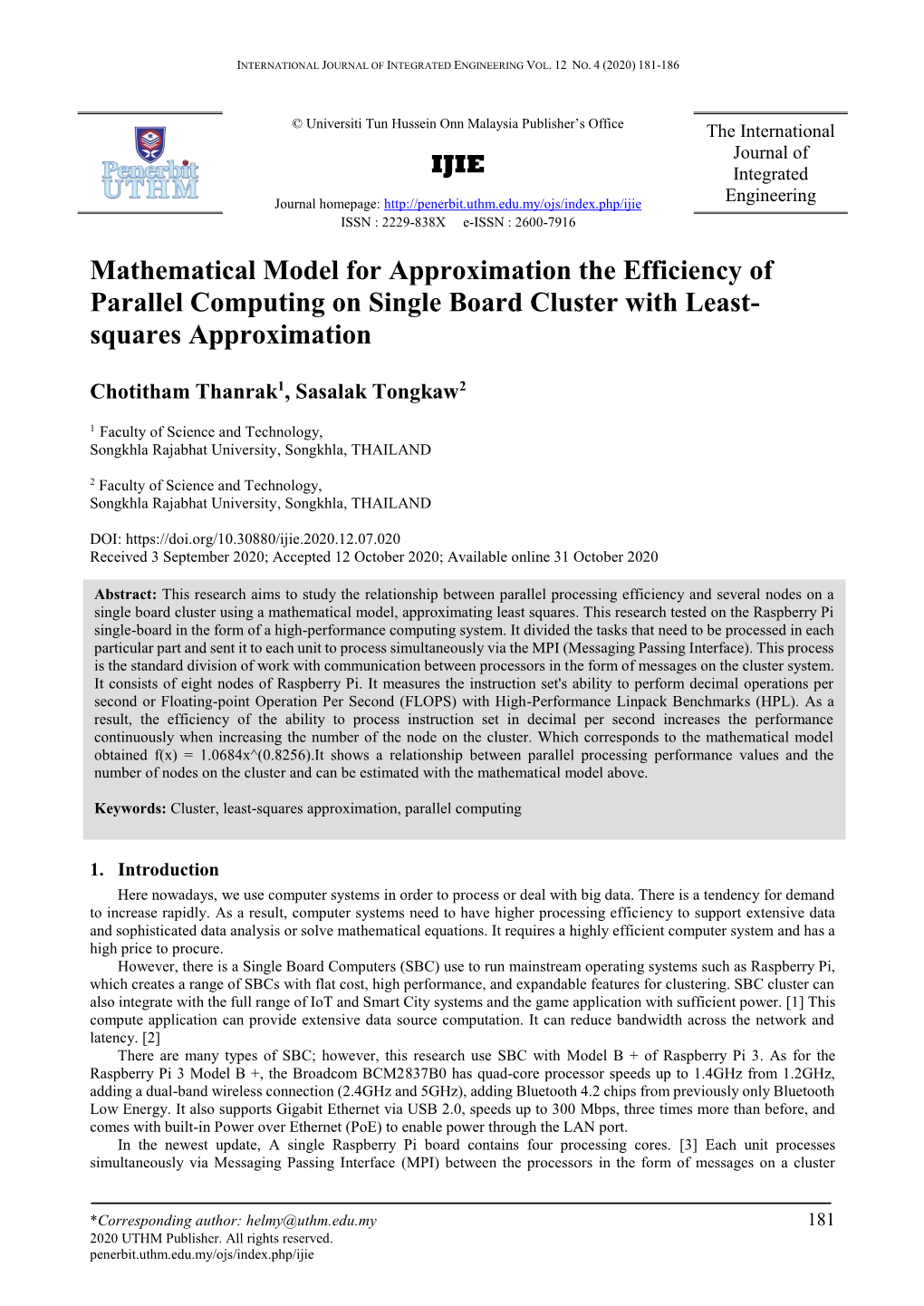 Mathematical Model for Approximation the Efficiency of Parallel Computing on Single Board Cluster with Least- Squares Approximation