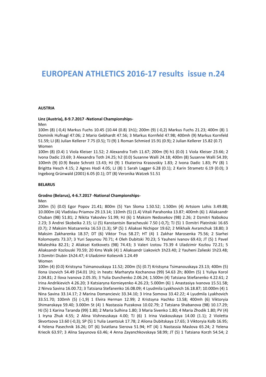 EUROPEAN ATHLETICS 2016-17 Results Issue N.24