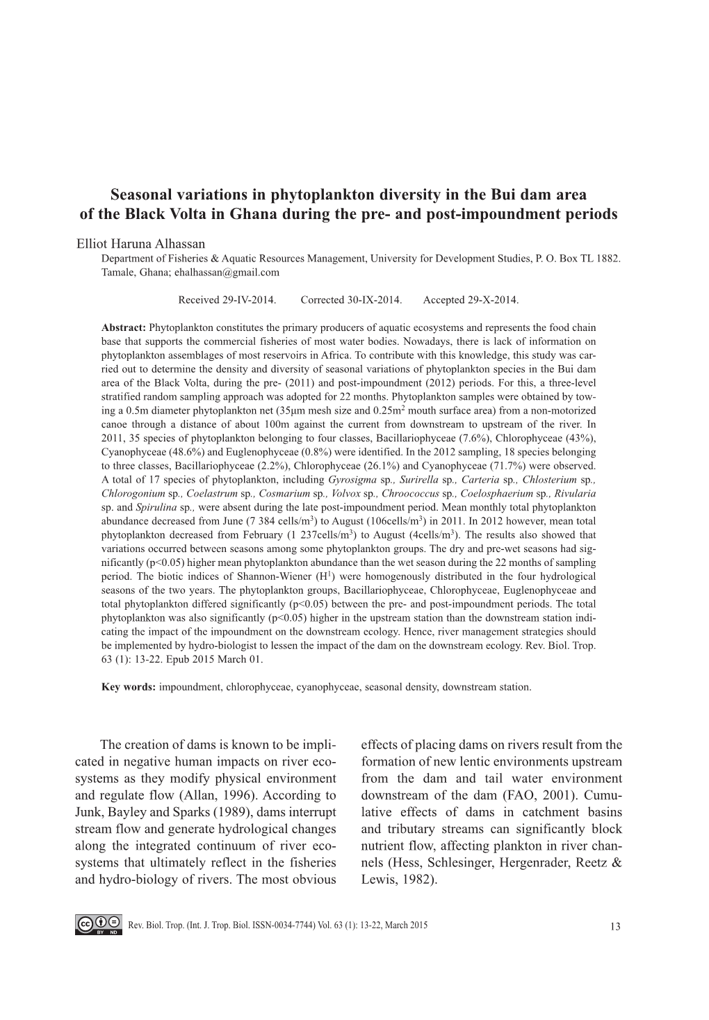 Seasonal Variations in Phytoplankton Diversity in the Bui Dam Area of the Black Volta in Ghana During the Pre- and Post-Impoundment Periods