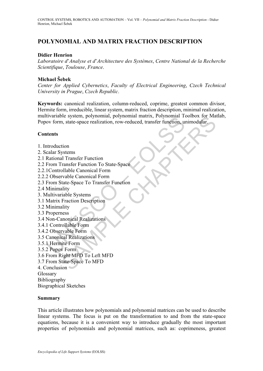 Polynomial and Matrix Fraction Description - Didier Henrion, Michael Šebek