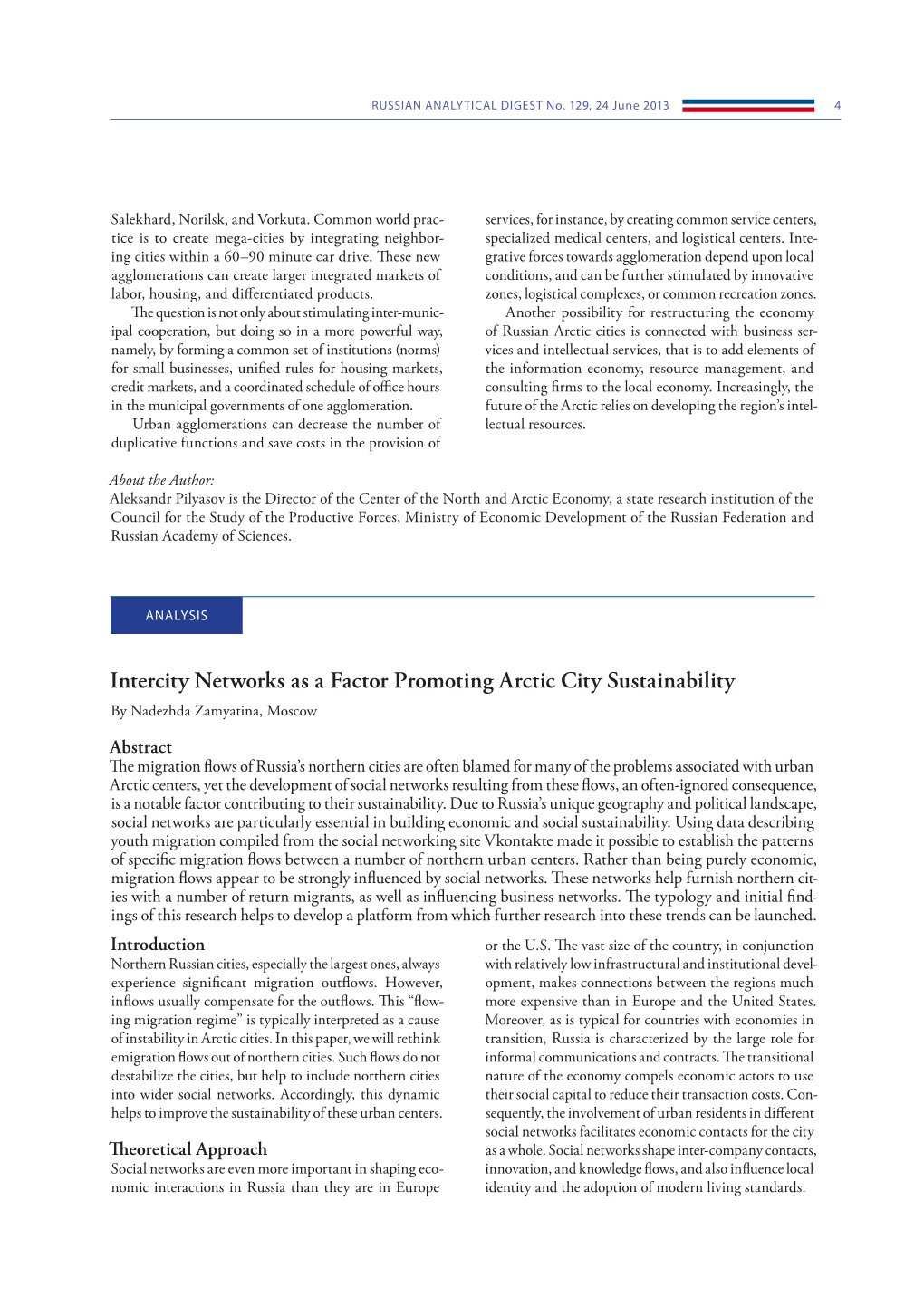 Intercity Networks As a Factor Promoting Arctic City Sustainability