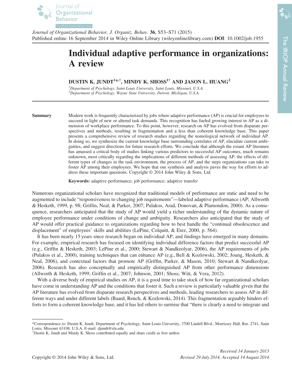 Individual Adaptive Performance in Organizations: a Review