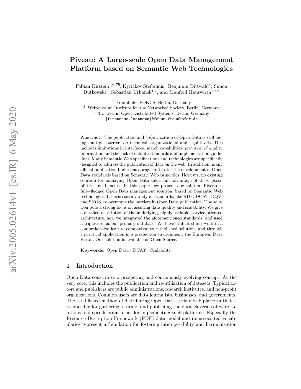 Arxiv:2005.02614V1 [Cs.IR] 6 May 2020 Open Data Constitutes a Prospering and Continuously Evolving Concept