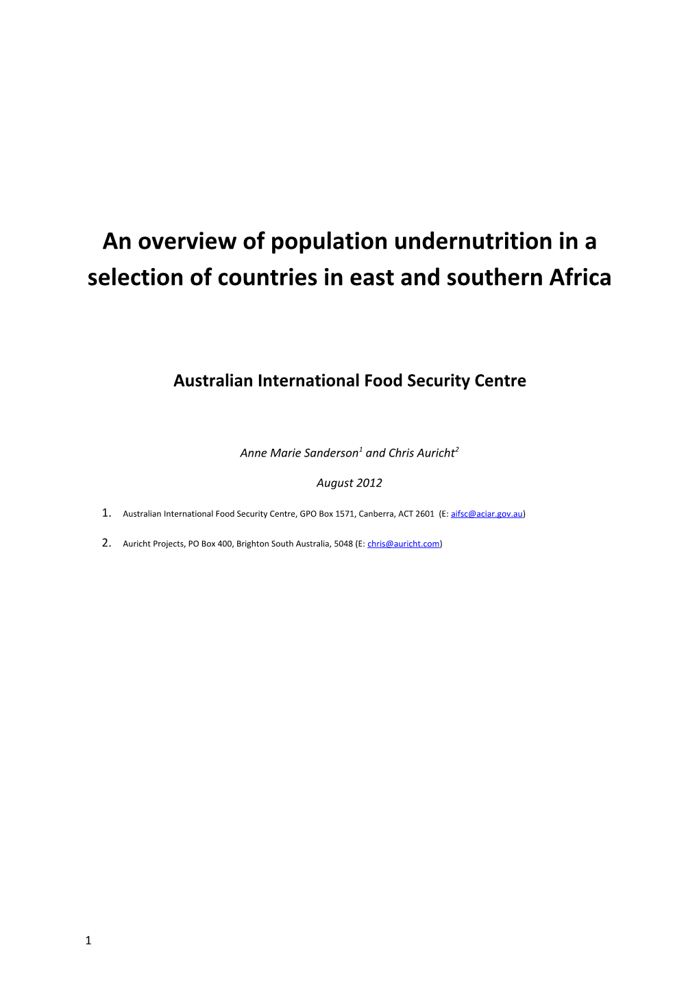 An Overview of Population Under-Nutrition in a Selection of Countries in East and Southern