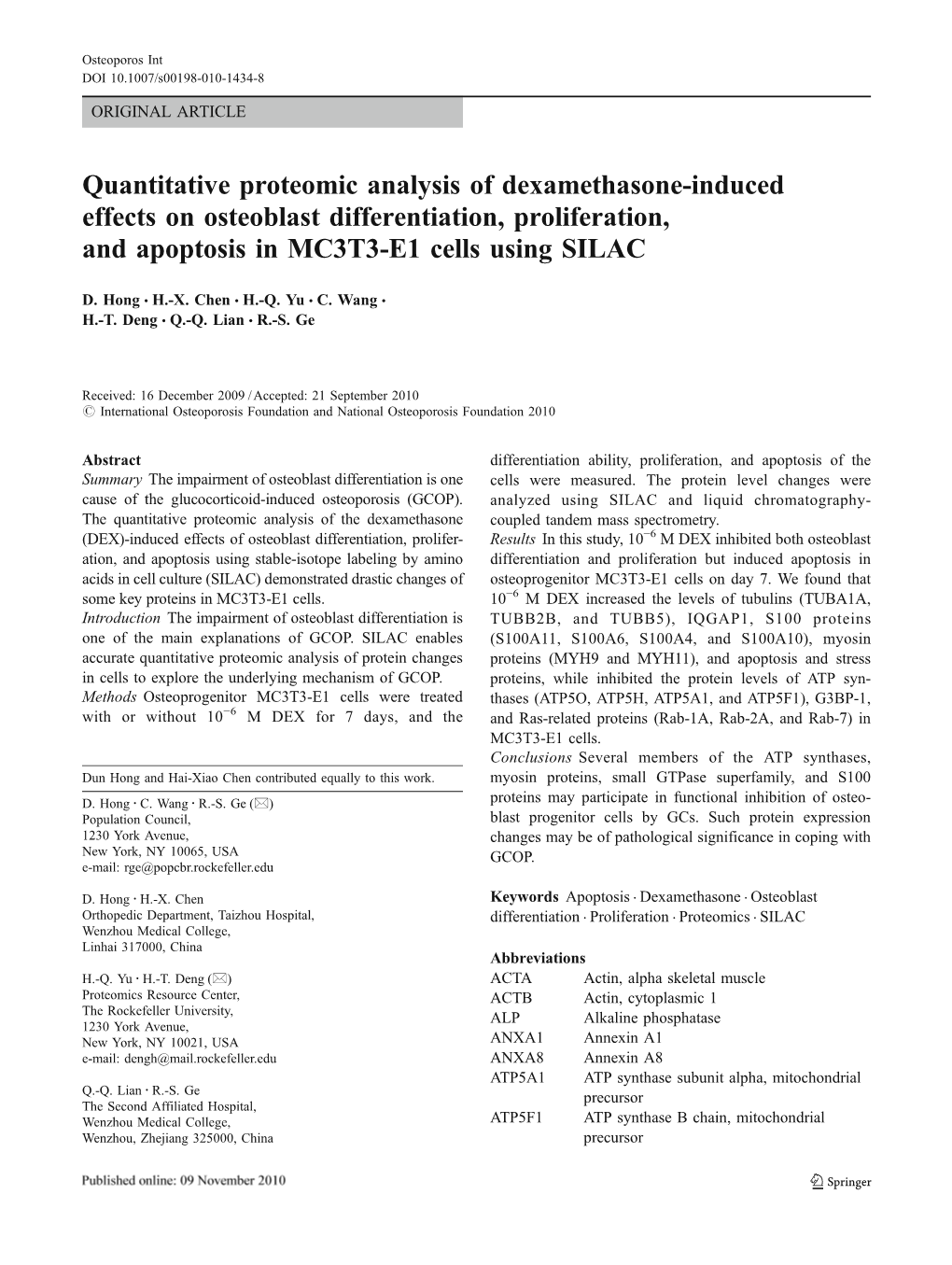 Quantitative Proteomic Analysis of Dexamethasone-Induced Effects on Osteoblast Differentiation, Proliferation, and Apoptosis in MC3T3-E1 Cells Using SILAC