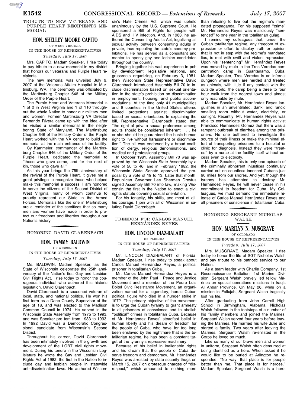 CONGRESSIONAL RECORD— Extensions of Remarks E1542 HON. SHELLEY MOORE CAPITO HON. TAMMY BALDWIN HON. LINCOLN DIAZ-BALART HON. M