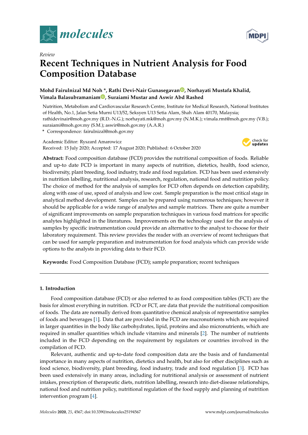 Recent Techniques in Nutrient Analysis for Food Composition Database