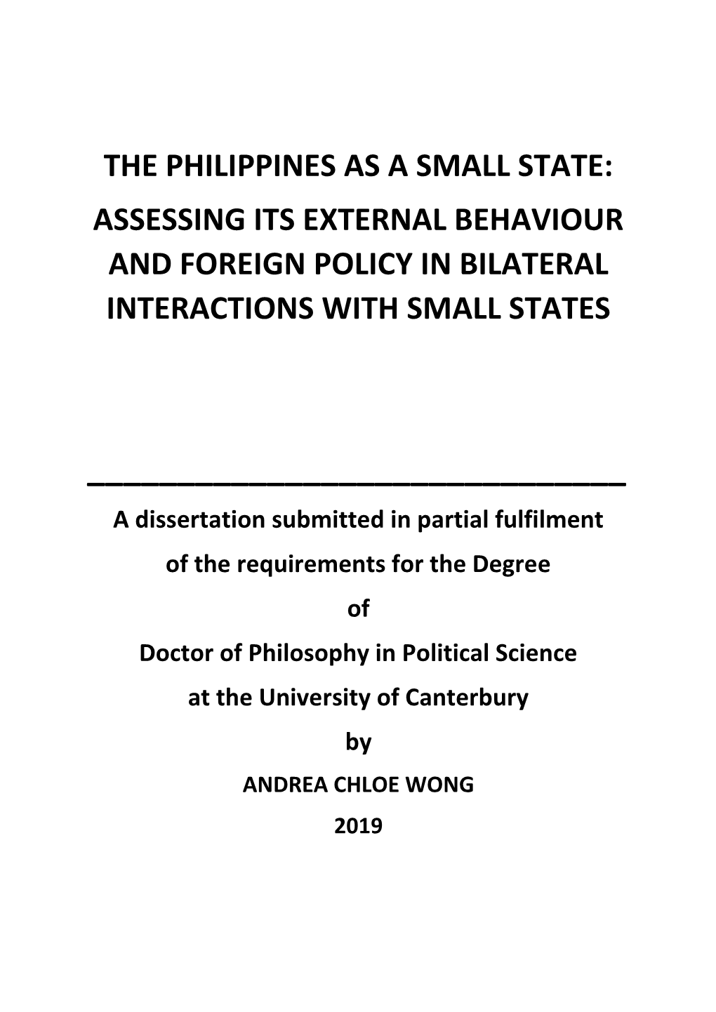 The Philippines As a Small State: Assessing Its External Behaviour and Foreign Policy in Bilateral Interactions with Small States