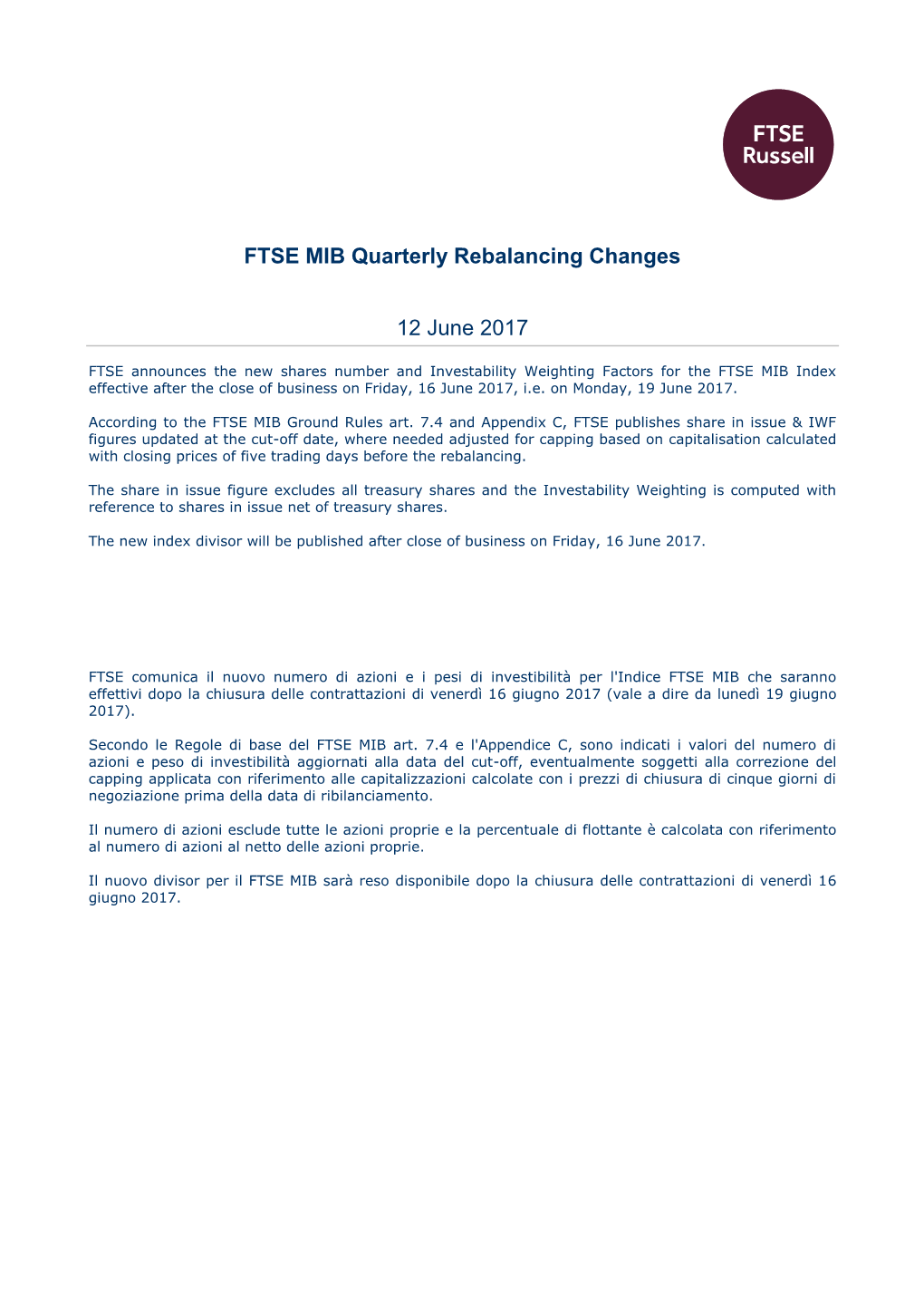 FTSE MIB Quarterly Rebalancing Changes 12 June 2017