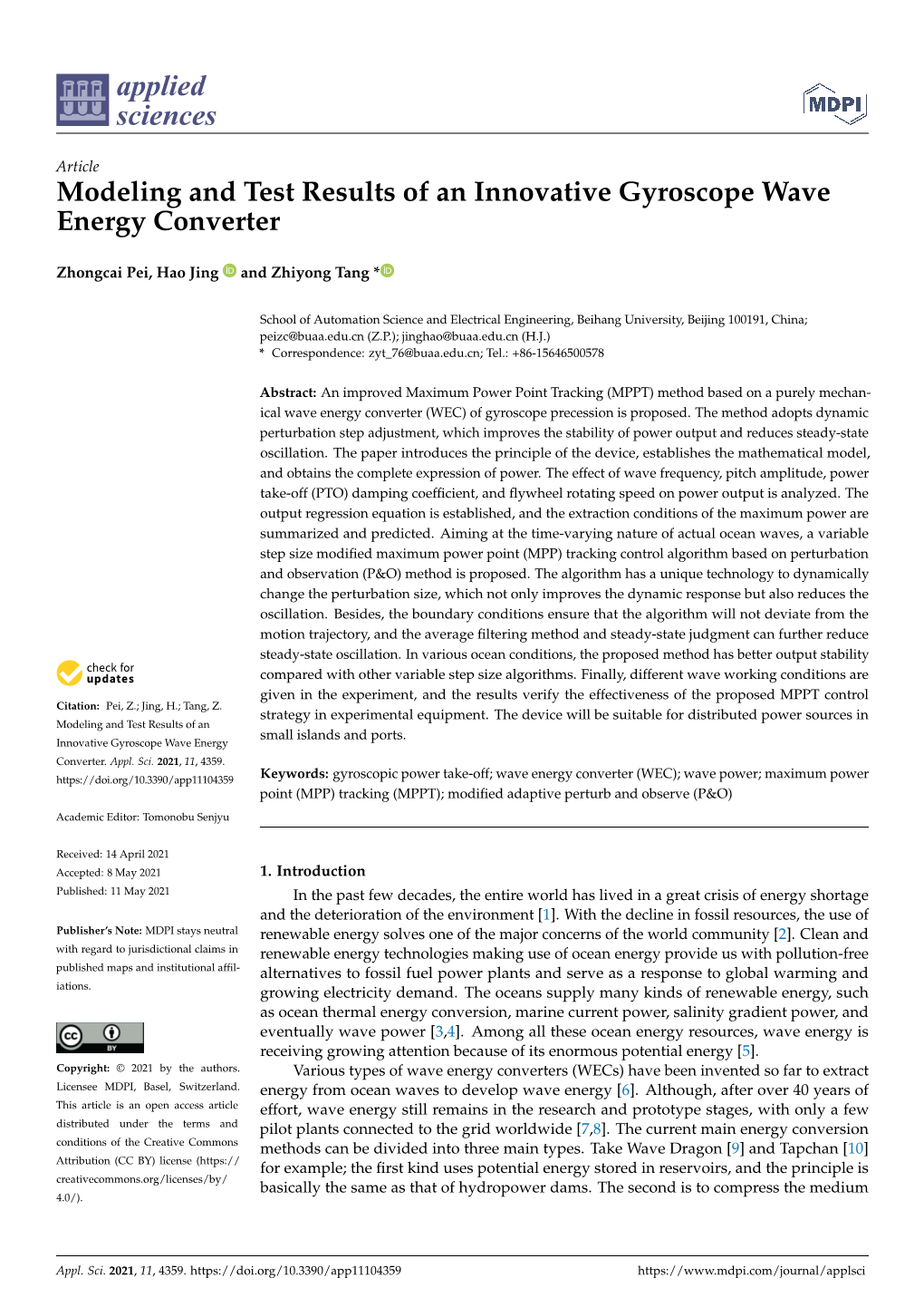Modeling and Test Results of an Innovative Gyroscope Wave Energy Converter