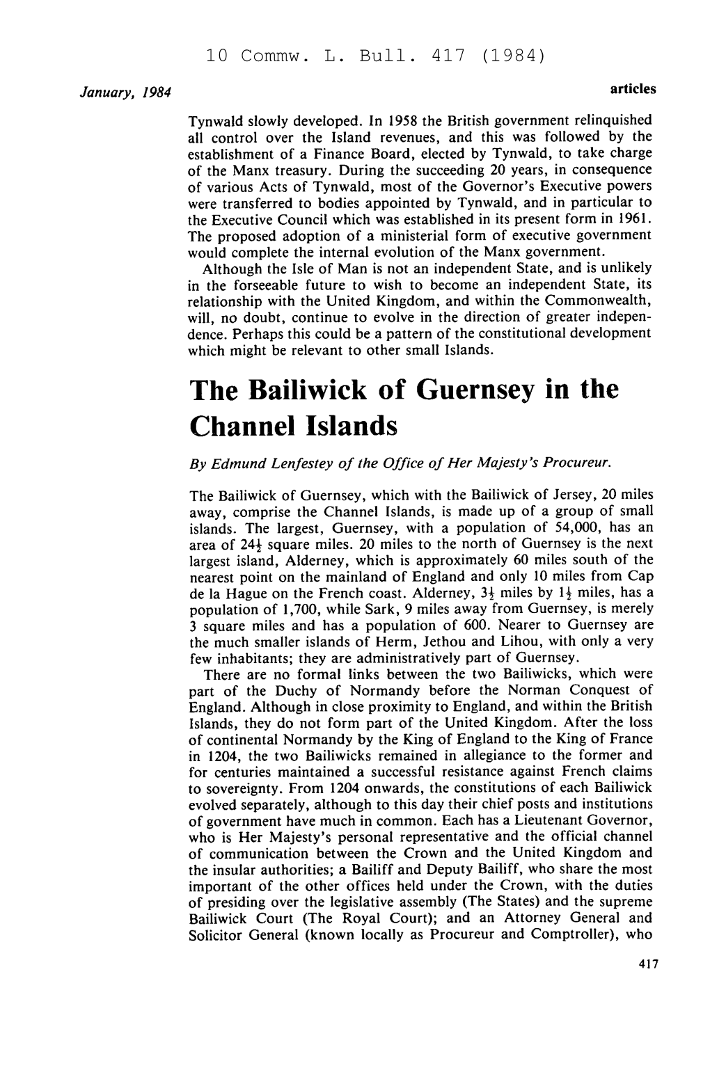 Channel Islands by Edmund Lenfestey of the Office of Her Majesty's Procureur