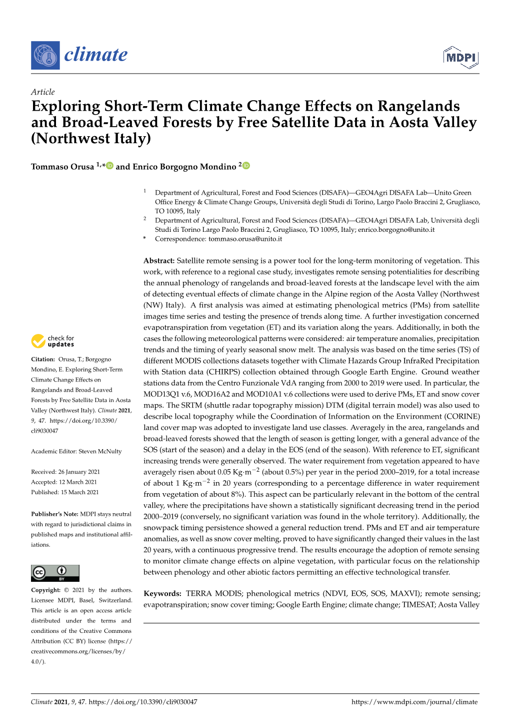 Exploring Short-Term Climate Change Effects on Rangelands and Broad-Leaved Forests by Free Satellite Data in Aosta Valley (Northwest Italy)