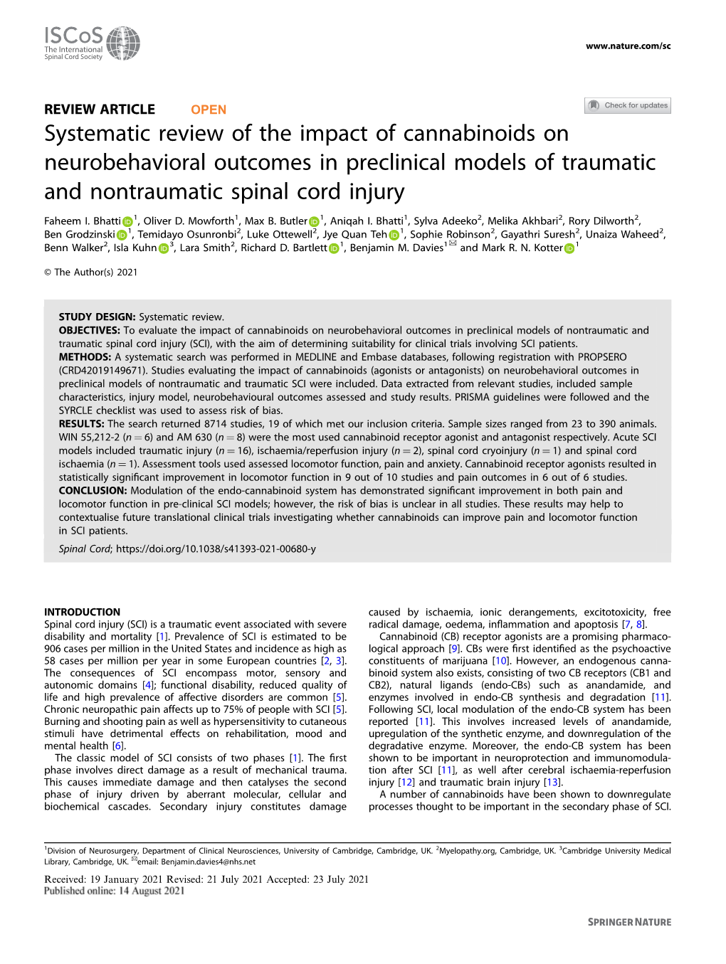 Systematic Review of the Impact of Cannabinoids on Neurobehavioral Outcomes in Preclinical Models of Traumatic and Nontraumatic Spinal Cord Injury